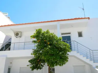 an orange tree in front of a white house at Kalithies apartment in Kalithies