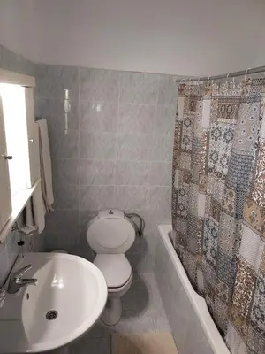 a bathroom with a toilet and a sink and a shower curtain at Villa Stegna in Archangelos