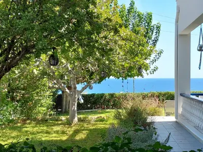 a view of the ocean from a house with a tree at Villa Stegna in Archangelos