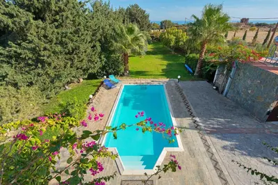 an overhead view of a swimming pool in a yard with flowers at Villa Zoi in Gennadi