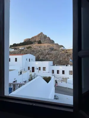 a view from a window of a building at Fedra Apartments Lindos in Líndos