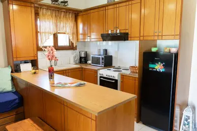 a kitchen with wooden cabinets and a black refrigerator at M&B Luxury House in Theologos