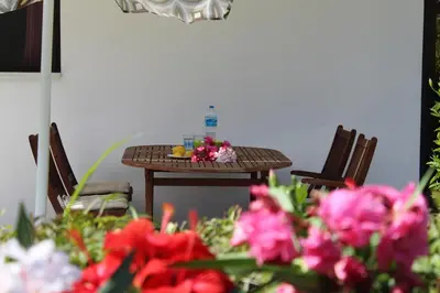 a table with flowers on it next to some chairs at Salakos Mountain View Home in Sálakos