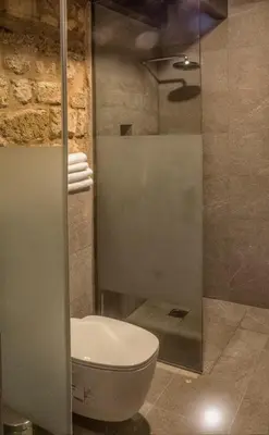a bathroom with a toilet and a shower at Trinity Boutique Hotel in Rhodes Town