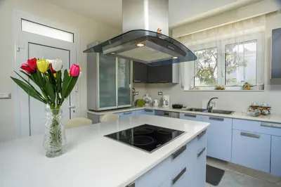 a kitchen with a vase of flowers on a counter at EVA's House in Pastida
