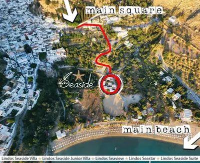 a map of the approximate location of main square and main beach at Lindos SeaStar Apartment in Líndos