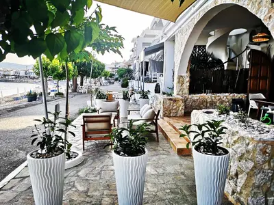 a group of plants in large white vases on a sidewalk at Relax Seaside House by living in blue in Haraki