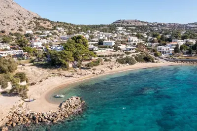 an aerial view of a beach with a town at Christine Villa Pefkos in Pefki Rhodes
