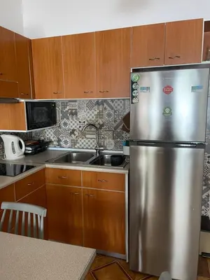 a kitchen with a stainless steel refrigerator and a sink at Haraki Dream View in Haraki