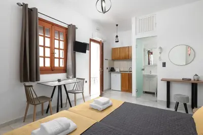 a kitchen and a living room with a bed and a table at Flora Studios in Líndos