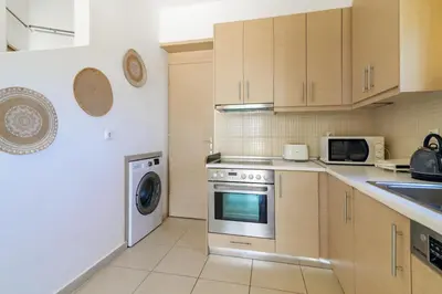 a kitchen with a stove and a dishwasher at Villa Nastazia in Kiotari