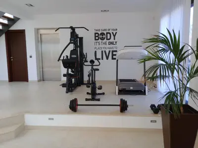 a room with a gym with a weight machine at Villa Anastasia in Psinthos