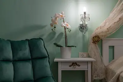 a green room with a couch and a table with a plant at Marika's Deluxe Rooms in Symi