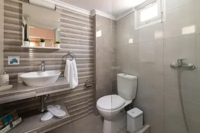 a bathroom with a toilet and a sink at Marika's Deluxe Rooms in Symi