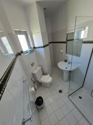 a bathroom with a toilet and a shower and a sink at Maritina Apartments in Ixia