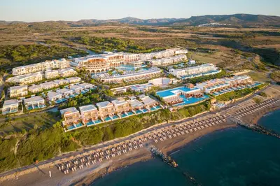 an aerial view of a resort on the beach at Atrium Prestige Thalasso Spa Resort & Villas in Lachania