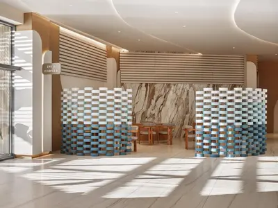 a rendering of a lobby with a table and chairs at Rodos Princess Beach Hotel in Kiotari