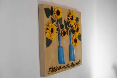 a painting of three blue vases with yellow flowers at The Blue Leaf Family Villa in Gennadi