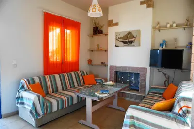 a living room with two couches and a fireplace at The Blue Leaf Family Villa in Gennadi