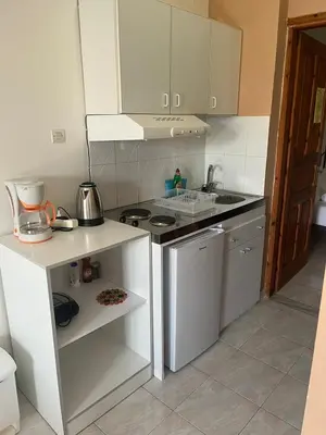 a small kitchen with a stove and a sink at Panorama Thea in Symi
