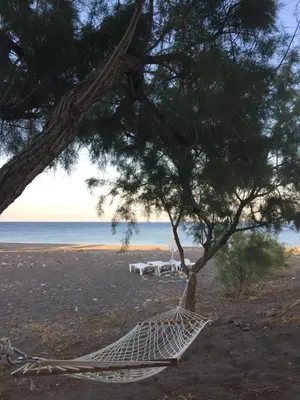 a hammock under a tree on the beach at Vamare Beachfront House in Gennadi