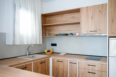 a kitchen with wooden cabinets and a sink at Bella Vista Stegna in Archangelos