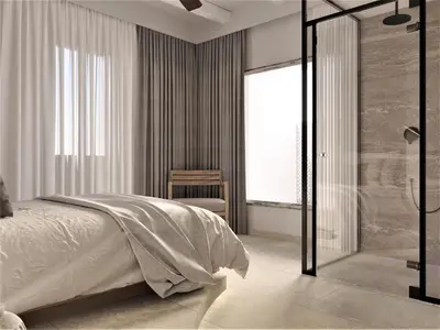 a bedroom with a white bed and a glass shower at F Fine Suites - Adults Only in Líndos