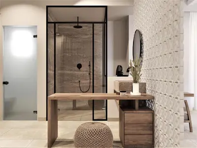 a bathroom with a shower with a table and a mirror at F Fine Suites - Adults Only in Líndos