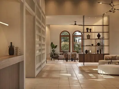a hallway with a living room and dining room at Aulus Lindos Rhodes, All-Inclusive Resort, Curio Collection by Hilton in Kiotari