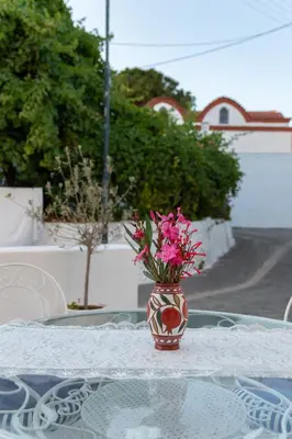 a vase with pink flowers sitting on a table at Seva's House in Psinthos