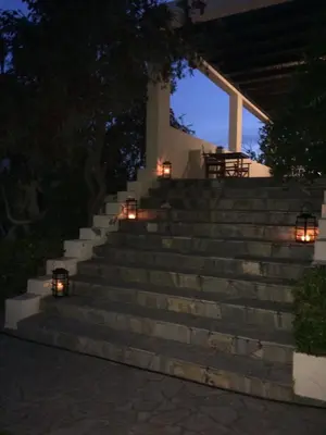 a set of stairs with lights in front of a house at Villa Melita Seafront in Pefki Rhodes