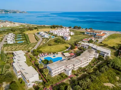 an aerial view of the resort and the ocean at Lardos Bay Hotel in Lardos