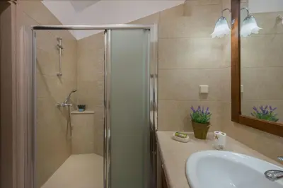 a bathroom with a shower and a sink at Rodia House in Lardos