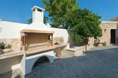 a building with a bird house on a patio at Rodia House in Lardos