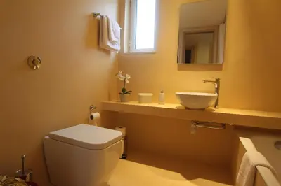 a bathroom with a toilet and a sink at Villa Mangano in Afantou