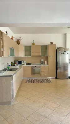 a large kitchen with a stainless steel refrigerator at Sea House Lahania in Lachania