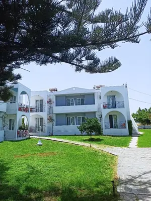 a large white building with a green yard at Summer Dream in Theologos