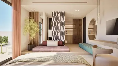 a bedroom with a bed and a balcony at Pefkos Beach Studios & Apartments in Pefki Rhodes