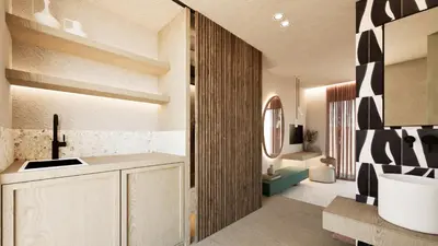 a bathroom with a sink and a toilet and a tub at Pefkos Beach Studios & Apartments in Pefki Rhodes