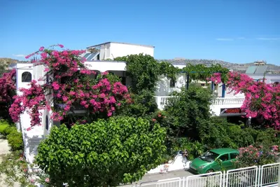 a green car parked in front of a building with pink flowers at Rosmari Hotel in Archangelos