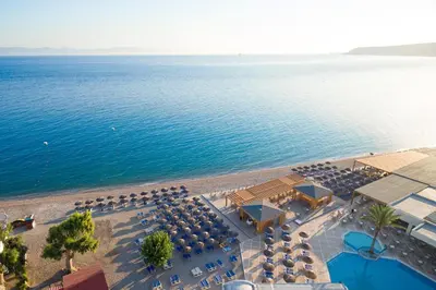 an aerial view of the beach and the ocean at Avra Beach Resort in Ixia
