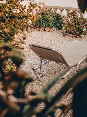 a chair sitting in the middle of a garden at Kleanthe in Halki