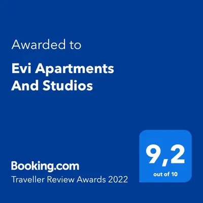 a blue text box with the words awarded to eu applicants and studios at Evi Apartments And Studios in Theologos
