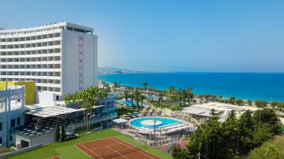 an aerial view of a hotel and the ocean at Akti Imperial Deluxe Resort & Spa Dolce by Wyndham in Ixia
