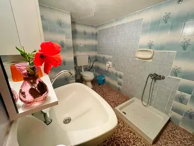 a bathroom with a vase with a red flower on a sink at Afroditi Pension in Archangelos