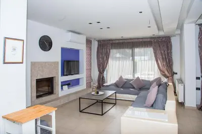 a living room with a couch and a fireplace at Villa Elena in Triánta