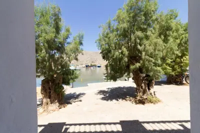 two trees on a beach with a body of water at The Vegghera House in Symi