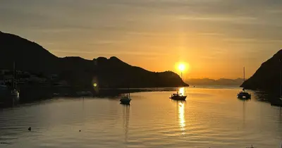 a group of boats in the water at sunset at Pedi Beach Hotel in Symi