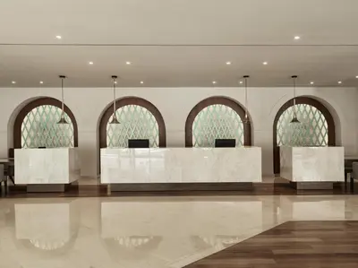 a rendering of a lobby with arched windows at Esperos Village Blue & Spa - Adults Only in Faliraki