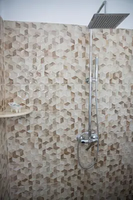 a bathroom with a shower with a shower head at Haraki Stone Apartments in Haraki